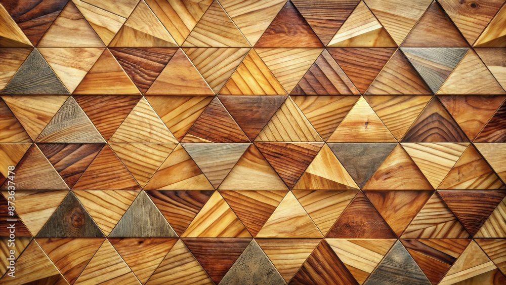 Wooden triangles arranged on a textured wooden background featuring polygonal shapes in a low-poly geometric mosaic pattern. Wooden triangles arranged on a textured wooden background featuring polygonal shapes in a low-poly geometric mosaic pattern.