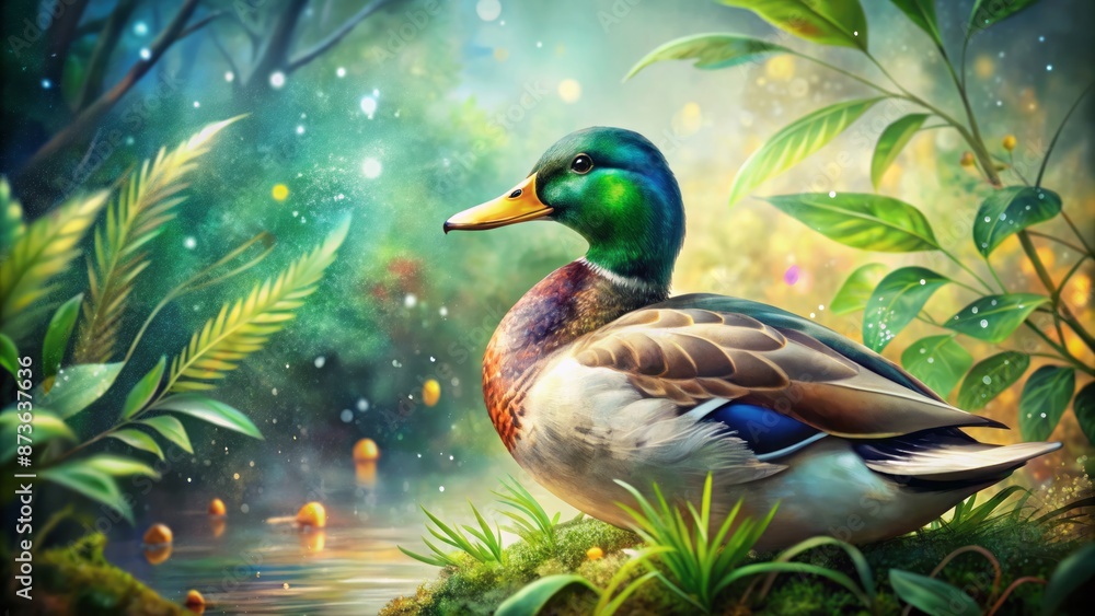 Fototapeta premium Vibrant whimsical watercolor illustration of a majestic mallard duck surrounded by lush greenery and subtle feather textures.