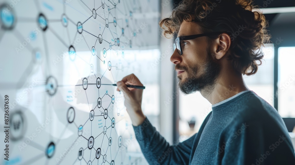 A focused man draws on a whiteboard covered in diagrams, brainstorming ideas and solutions. A focused man draws on a whiteboard covered in diagrams, brainstorming ideas and solutions.