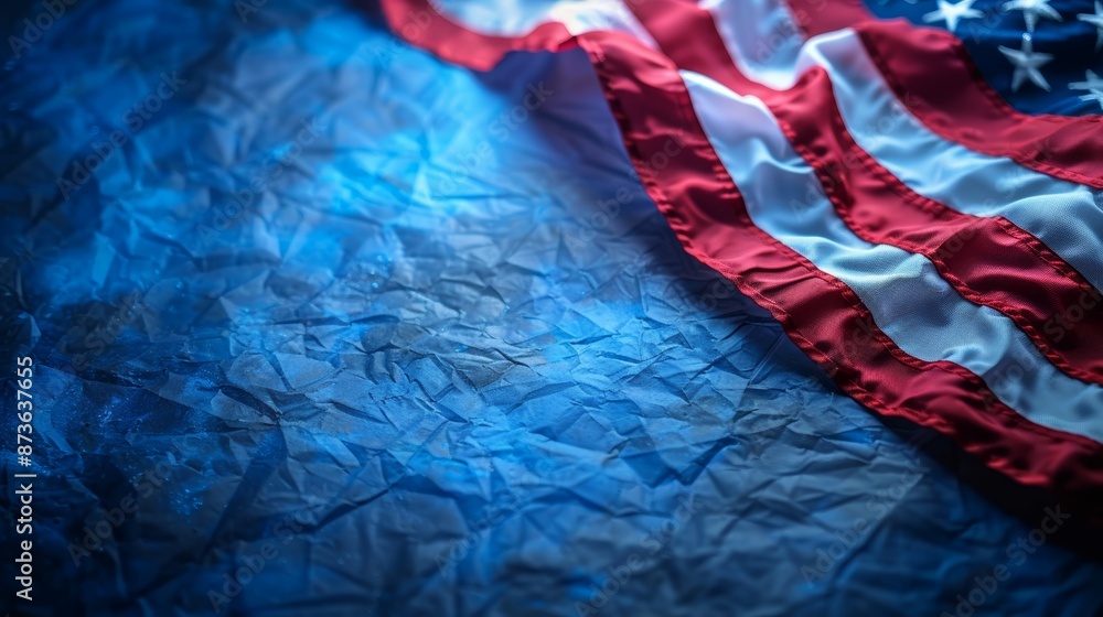 A folded American flag draped on a blue textured background with a spotlight shining down. Perfect for patriotic holidays. A folded American flag draped on a blue textured background with a spotlight shining down. Perfect for patriotic holidays.