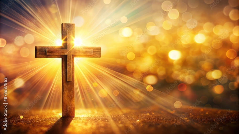 Naklejka premium Serenity fills the atmosphere as warm light illuminates an empty cross-shaped backdrop, symbolizing unity, faith, and family devotion.