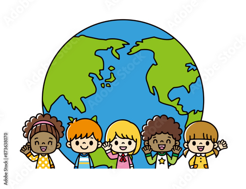 半円の地球の前に並ぶ、さまざまな人種の笑顔がかわいい子供たちのイラスト。アメリカ人やアジア人の子供たち。