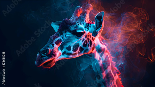 Giraffe Portrait with Neon Smoke - Colorful Animal Photography