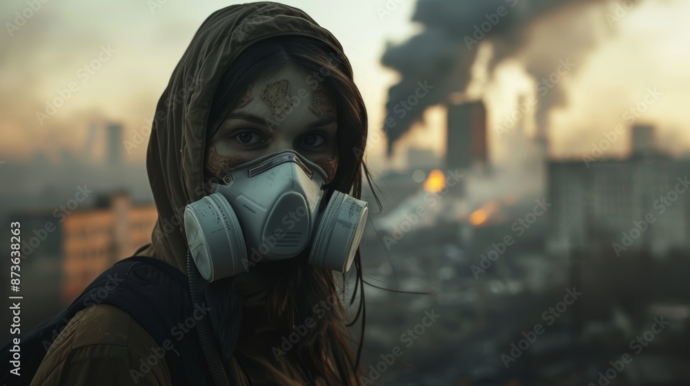A woman in a gas mask stands amidst a smoke-filled apocalyptic cityscape, her eyes reflecting the harsh reality. A woman in a gas mask stands amidst a smoke-filled apocalyptic cityscape, her eyes reflecting the harsh reality.