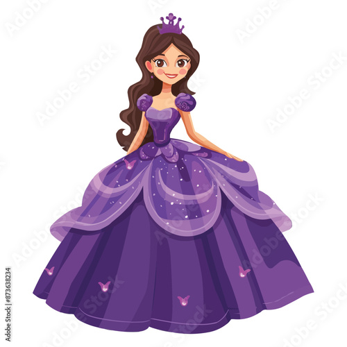 Cartoon beautiful princess in purple dress isolated on white solid background