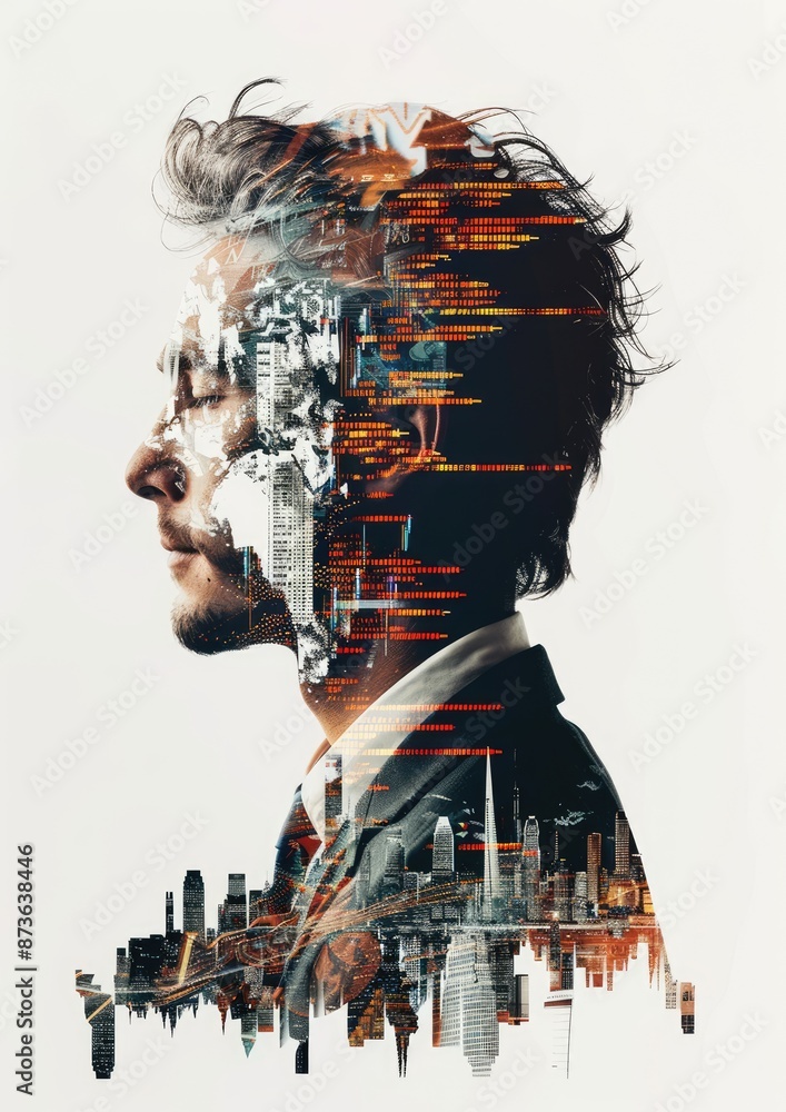 Modern Business Executive Profile with Double Exposure Stock Market Charts on White Background - 4K Financial Planning Concept, Generative Ai Modern Business Executive Profile with Double Exposure Stock Market Charts on White Background - 4K Financial Planning Concept, Generative Ai