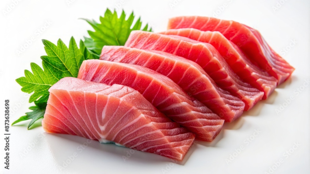 Fresh, high-quality, pinkish-red sashimi pieces, delicately arranged on a pristine white background, highlighting their raw, uncooked, and appetizing appearance. Fresh, high-quality, pinkish-red sashimi pieces, delicately arranged on a pristine white background, highlighting their raw, uncooked, and appetizing appearance.