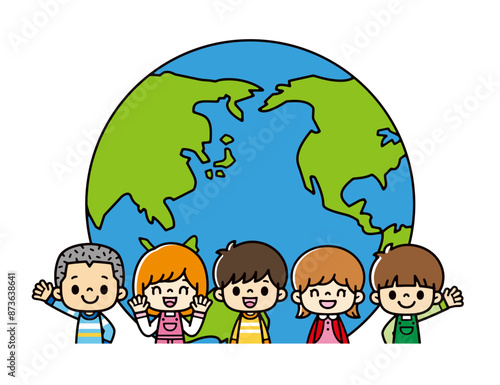 半円の地球の前に並ぶ、さまざまな人種の笑顔がかわいい子供たちのイラスト。