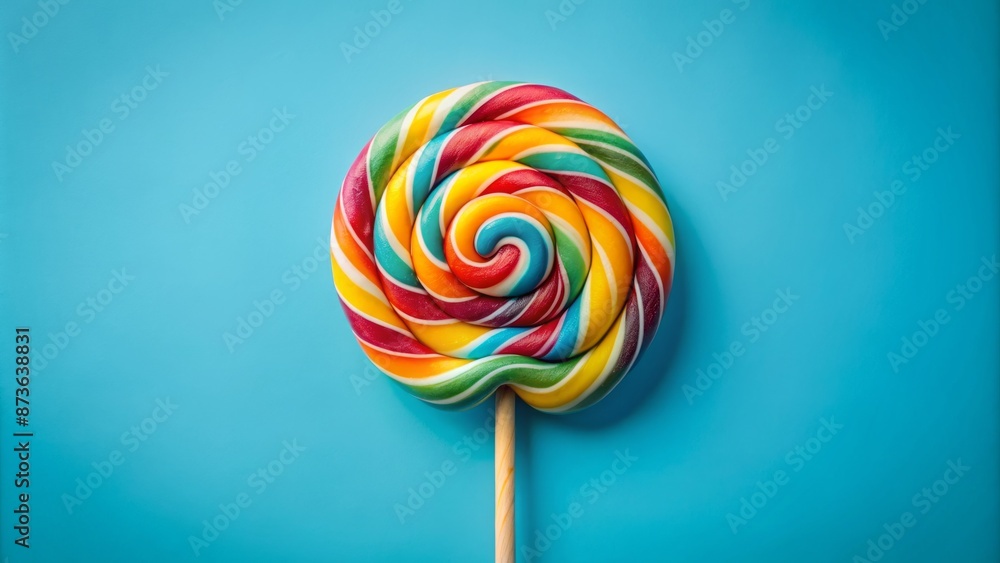 Vibrant swirl lollipop on stick against soft blue pastel background showcases colorful striped spiral multicolor candy's playful whimsical charm. Vibrant swirl lollipop on stick against soft blue pastel background showcases colorful striped spiral multicolor candy's playful whimsical charm.