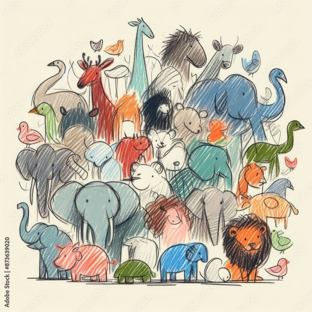 Messy Crayon Scribbles of a Child Featuring Zoo Animals