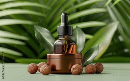 Babassu Oil in a luxurious container, with babassu nuts and leaves, set against a tropical forest background, photorealistic and premium photo