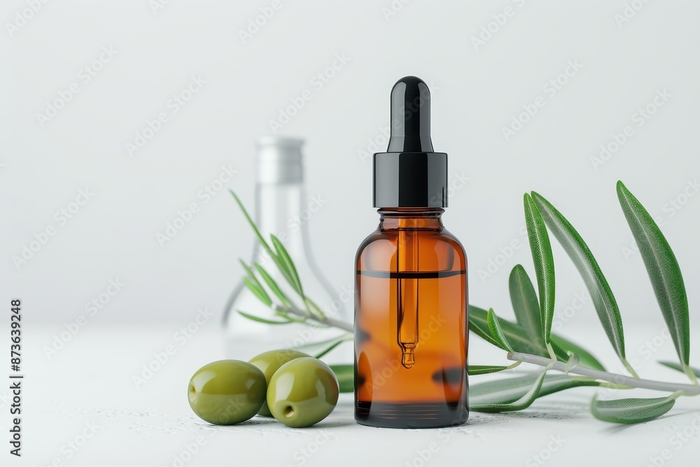 Squalane in a refined dropper bottle, with olive leaves and a scientific backdrop, photorealistic and premium Squalane in a refined dropper bottle, with olive leaves and a scientific backdrop, photorealistic and premium