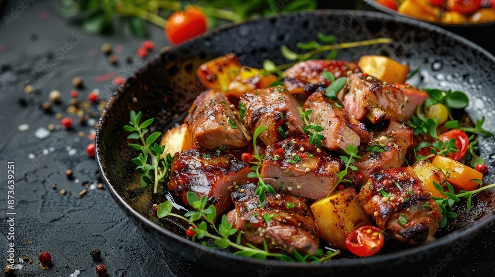 A delicious dish of grilled meat and vegetables garnished with fresh herbs, served in a rustic black bowl, perfect for a hearty meal A delicious dish of grilled meat and vegetables garnished with fresh herbs, served in a rustic black bowl, perfect for a hearty meal