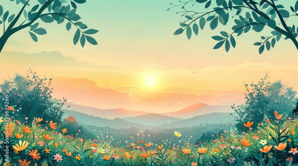 Fototapeta premium A breathtaking sunrise over a vibrant flower field, framed by trees and rolling hills in the background, creating a serene and picturesque landscape
