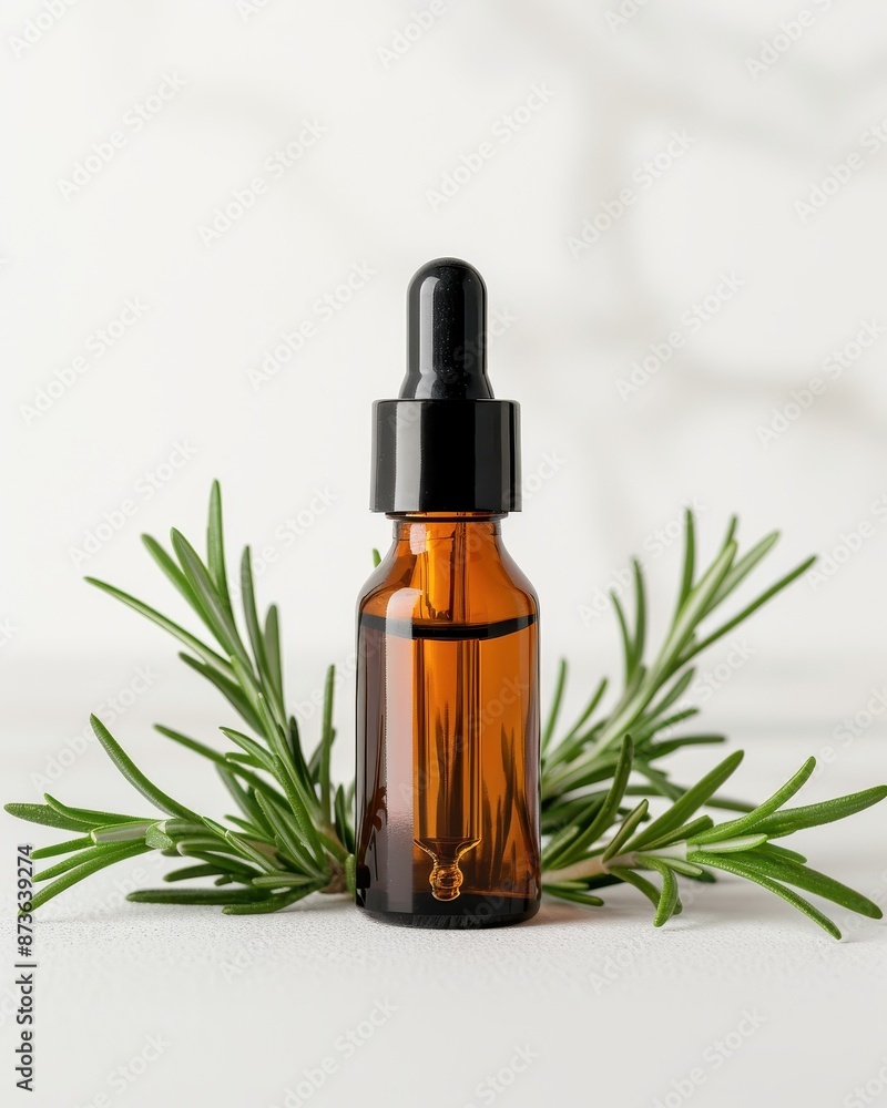 Rosemary Oil in a sophisticated dropper bottle, with rosemary sprigs, on a clean, natural background, photorealistic and premium Rosemary Oil in a sophisticated dropper bottle, with rosemary sprigs, on a clean, natural background, photorealistic and premium