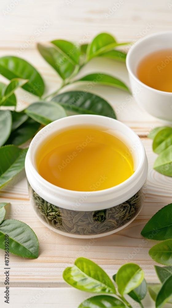 Green Tea Extract in an elegant container, surrounded by green tea leaves and a teacup, on a wooden table, photorealistic and natural beauty Green Tea Extract in an elegant container, surrounded by green tea leaves and a teacup, on a wooden table, photorealistic and natural beauty