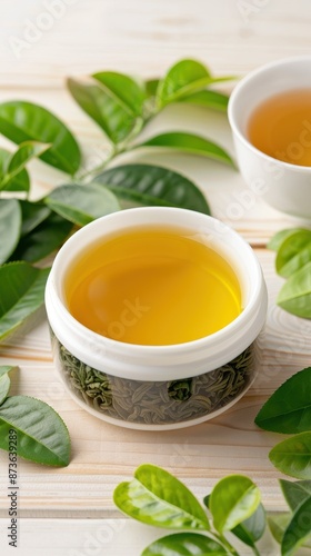 Wallpaper Mural Green Tea Extract in an elegant container, surrounded by green tea leaves and a teacup, on a wooden table, photorealistic and natural beauty Torontodigital.ca