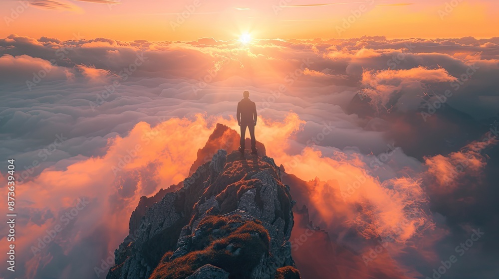 Fototapeta premium Person standing on a mountain peak at sunrise, surrounded by clouds, symbolizing achievement and the beauty of nature