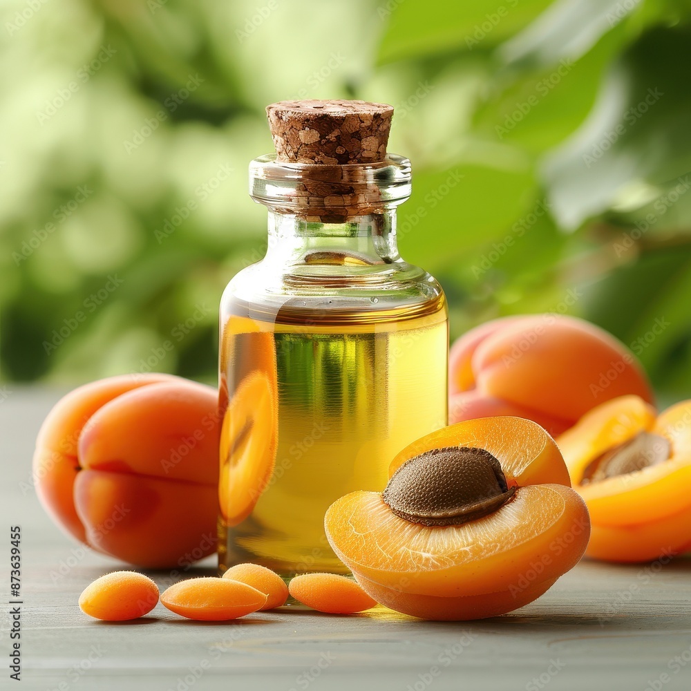 Apricot Kernel Oil in a sleek glass bottle, with apricot kernels and fruits, set against a natural garden backdrop, photorealistic and natural beauty Apricot Kernel Oil in a sleek glass bottle, with apricot kernels and fruits, set against a natural garden backdrop, photorealistic and natural beauty