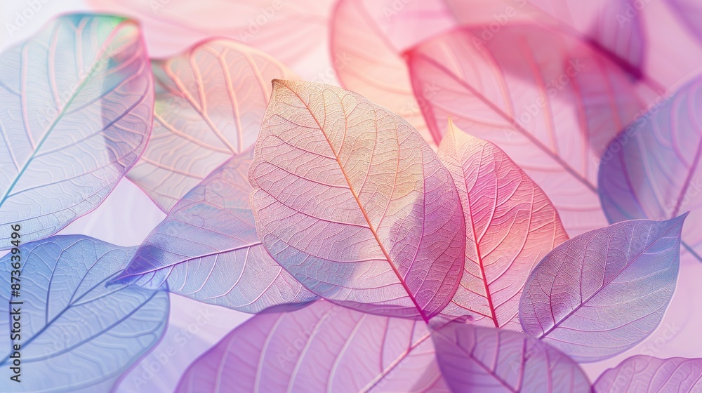 Fototapeta premium Delicate, translucent leaves in pastel colors, creating a soft and ethereal composition. The intricate veins of each leaf are clearly visible, highlighting the beauty of nature