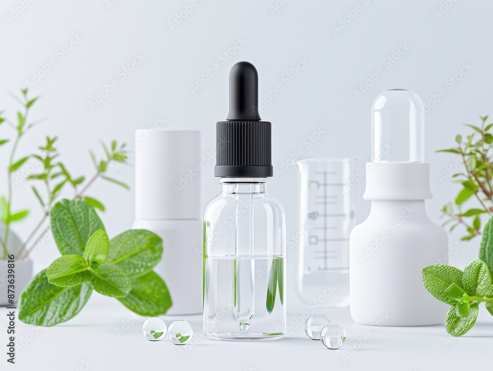 Hyaluronic Acid Serum in a sleek glass bottle, with droplets and a scientific laboratory background, photorealistic and premium Hyaluronic Acid Serum in a sleek glass bottle, with droplets and a scientific laboratory background, photorealistic and premium
