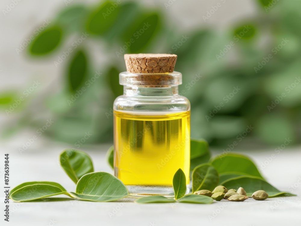 Moringa Oil in an elegant glass jar, with moringa leaves and seeds, against a fresh garden backdrop, photorealistic and natural beauty Moringa Oil in an elegant glass jar, with moringa leaves and seeds, against a fresh garden backdrop, photorealistic and natural beauty