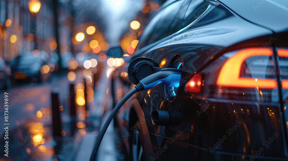 Electric Car Charging at Night in Urban Environment with Blurred City Lights Electric Car Charging at Night in Urban Environment with Blurred City Lights