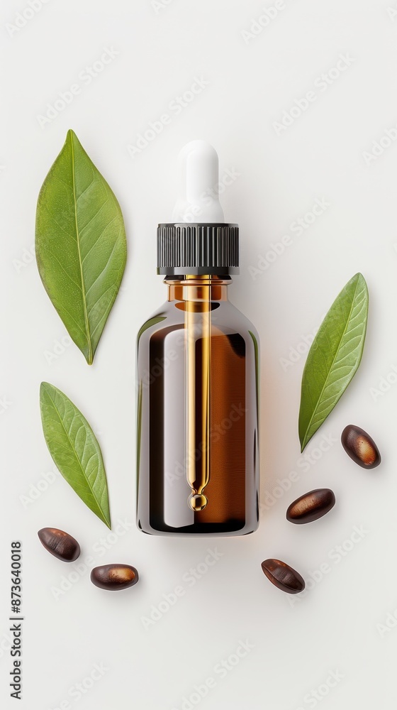 Castor Oil in an elegant dropper bottle, with castor beans and leaves, on a clean white background, photorealistic and natural beauty Castor Oil in an elegant dropper bottle, with castor beans and leaves, on a clean white background, photorealistic and natural beauty