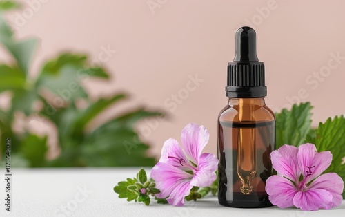 Geranium Oil in a chic dropper bottle, with geranium flowers and leaves, against a soft-focus garden background, photorealistic and premium