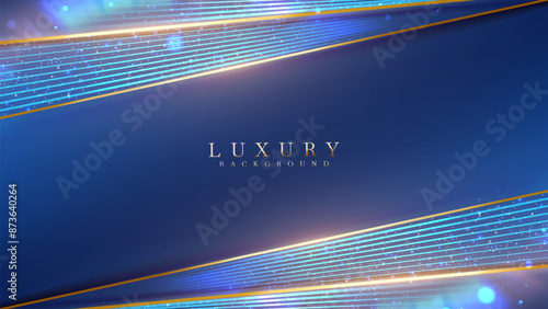 Blue Luxury Background for Presentation, Cosmetic or Product Cover Banner, with Diagonal Golden Lines, Decorations, and Glitter Light Effects.