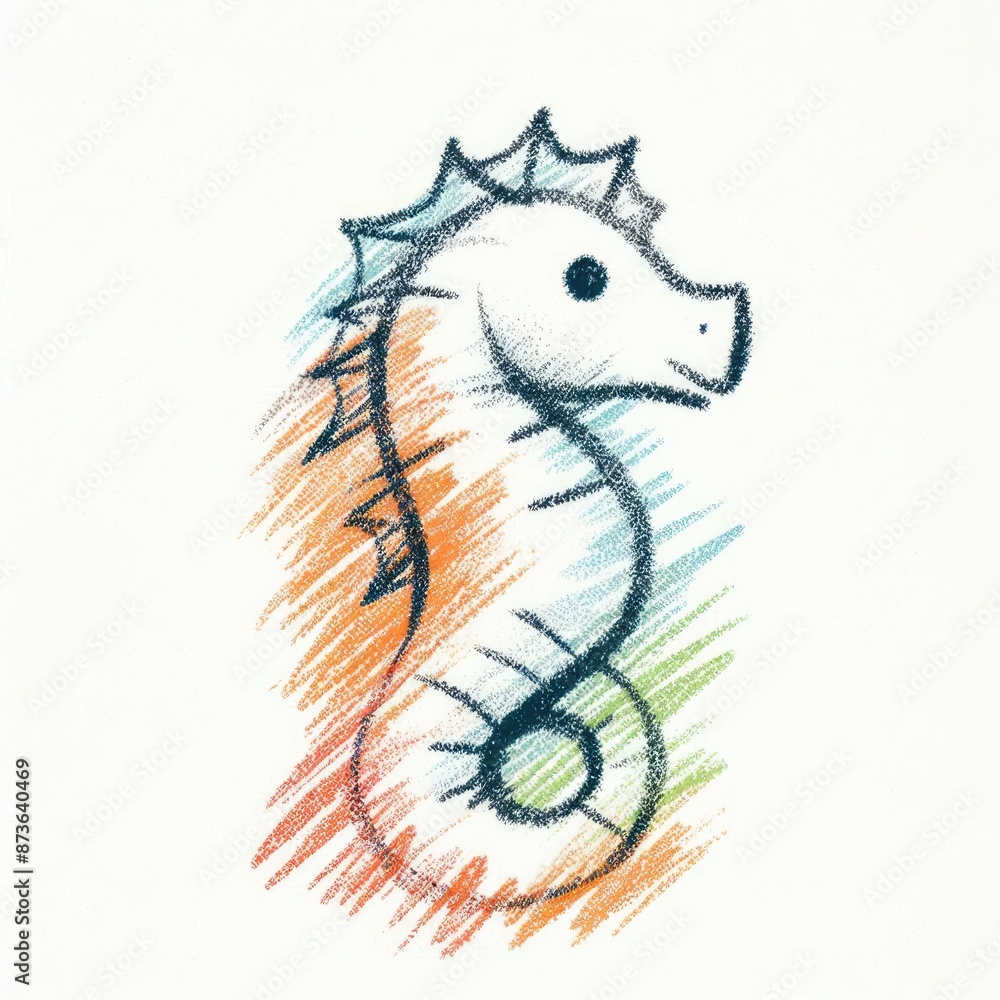 Messy Crayon Scribbles of a Child Featuring a Seahorse