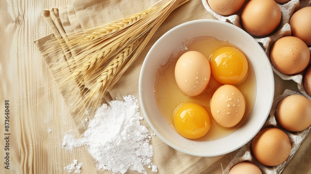 Raw eggs in bowl with wheat and flour on wooden table Raw eggs in bowl with wheat and flour on wooden table
