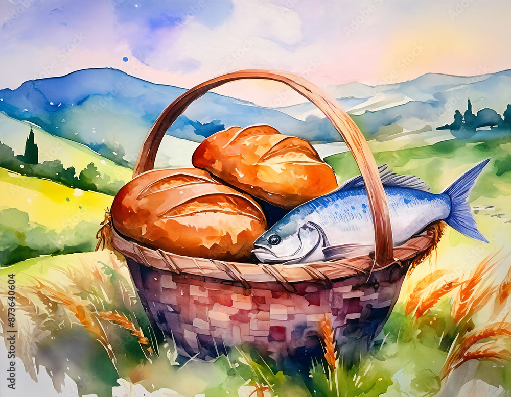 Jesus feeding the multitude thousands five loaves of bread and two fish