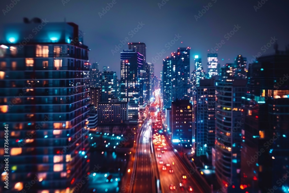 Obraz premium Mesmerizing urban scene at night showcasing glowing city lights and bustling traffic