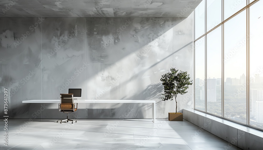 Workplace near panoramic window in modern office, mock up wall, minimalist design, ultrahigh d