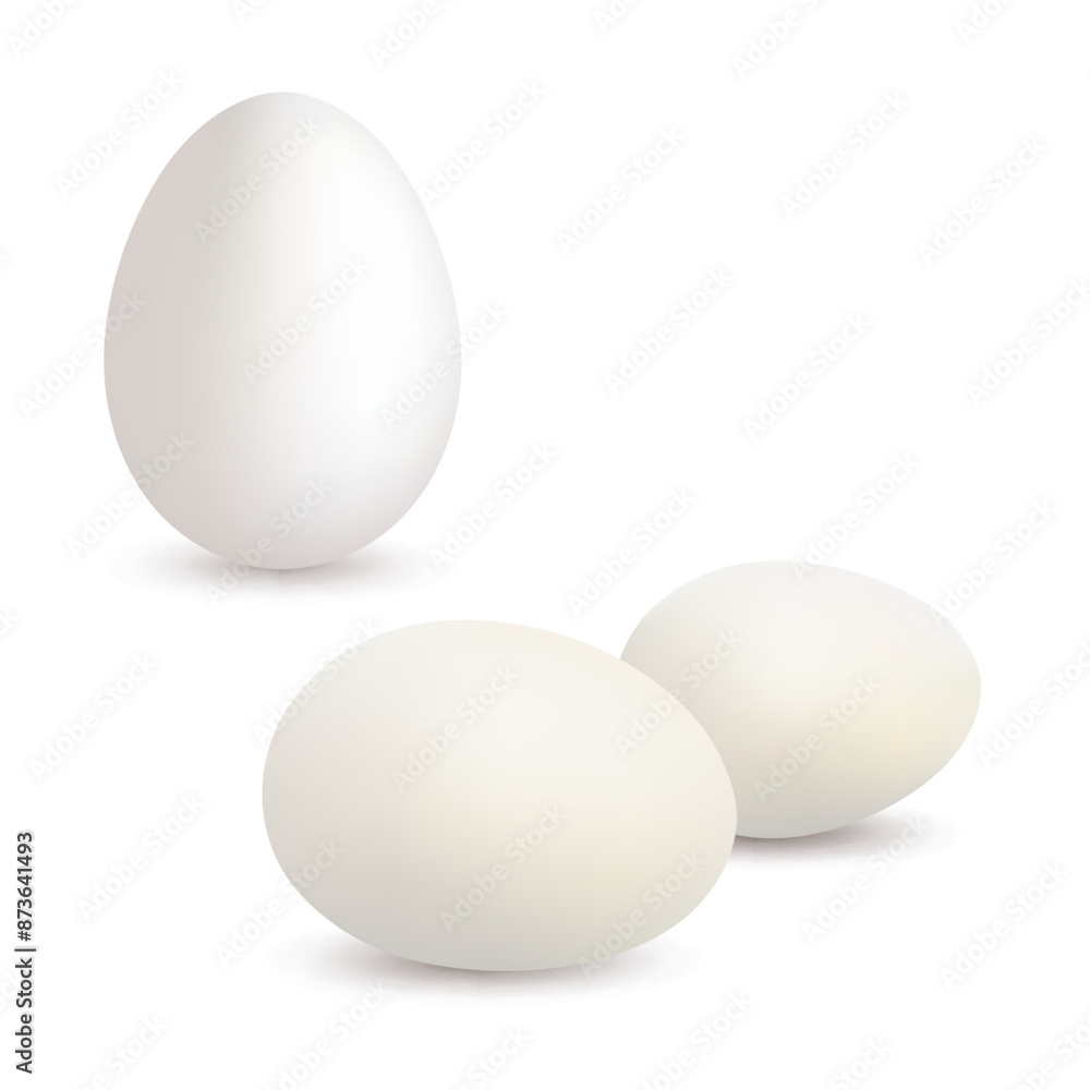 Three white eggs, one standing upright and two lying down. Vector Three white eggs, one standing upright and two lying down. Vector
