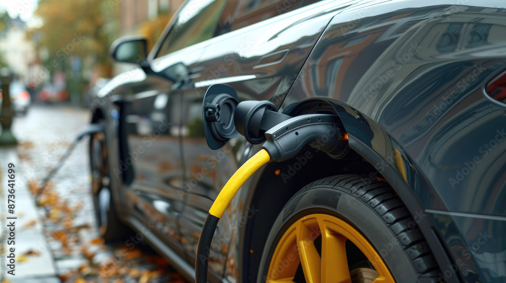 Electric Car Charging on City Street with Yellow Wheels in Autumn Electric Car Charging on City Street with Yellow Wheels in Autumn