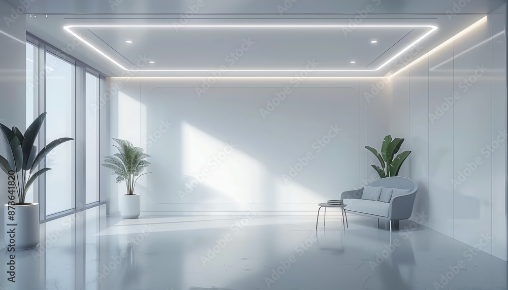 Modern white coworking office interior with blank wall, minimalist design, high detail, 4K resolution Modern white coworking office interior with blank wall, minimalist design, high detail, 4K resolution