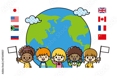 半円の地球と雲と国旗のアイコン、笑顔で国旗を持つ多文化の子供たちのイラスト。