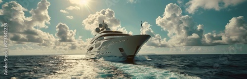 Luxury Yacht Sailing Through Calm Waters at Sunset