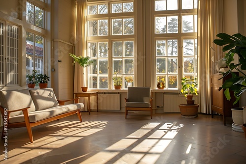 Interior of a room with a bed and a lamp