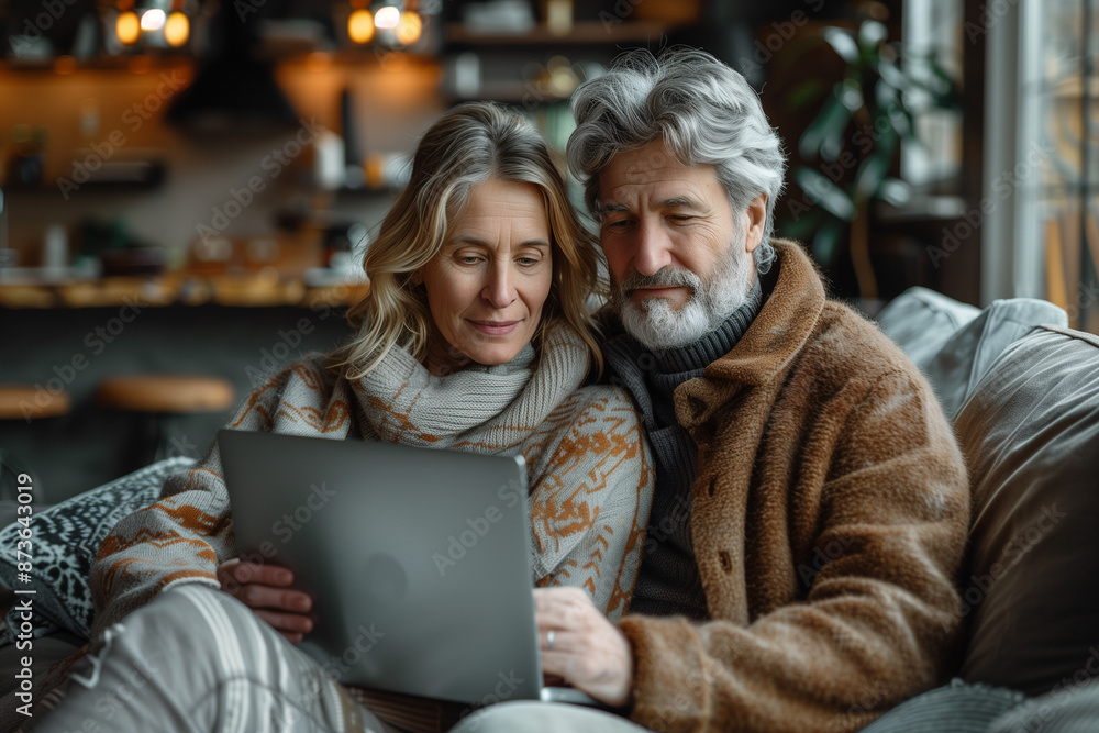 Comfortable Mature Couple Using Laptop Together in Cozy Home Setting Comfortable Mature Couple Using Laptop Together in Cozy Home Setting