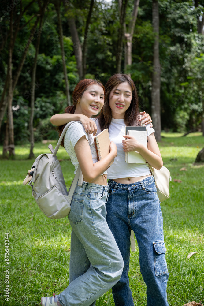 Obraz premium Two lovely young Asian female best friends in casual clothes and backpacks are hugging or wrapping their arms around each other's shoulders while walking in the park together.