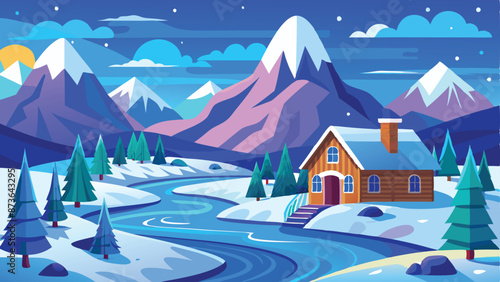 landscape flat art vector illustration of winter nature view: snowy hills, sky, mountains, river, cozy houses.