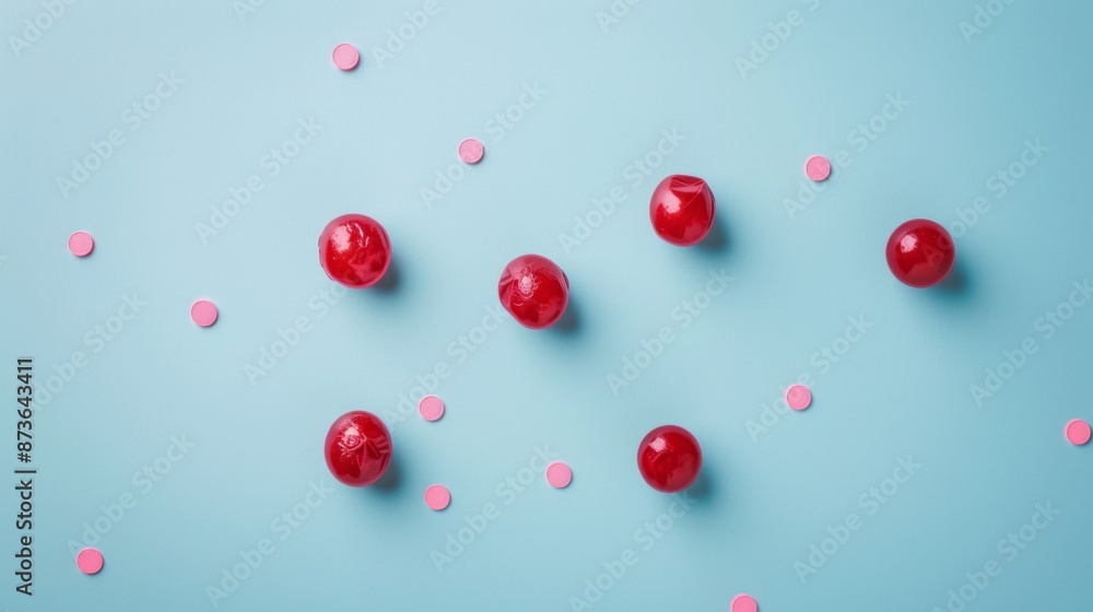 Red cherries and pink dots on blue background Red cherries and pink dots on blue background