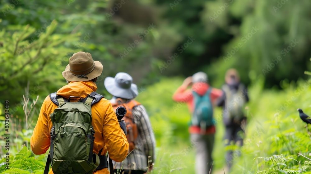 5 Bird watchers on an excursion, following a woodland path and investigating various bird species, Excursion, Investigation and Path concept 5 Bird watchers on an excursion, following a woodland path and investigating various bird species, Excursion, Investigation and Path concept