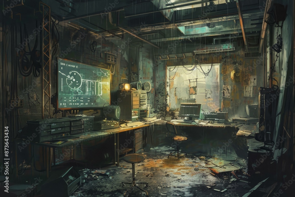 Digital painting of an eerie, abandoned hightech room filled with old computers and electronic gadgets Digital painting of an eerie, abandoned hightech room filled with old computers and electronic gadgets