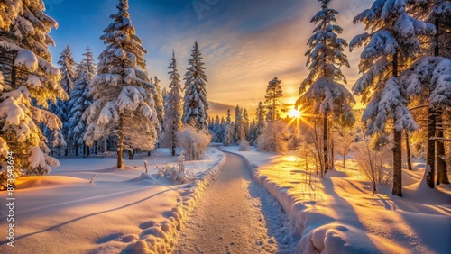 Frozen winter landscape in Finland featuring a serene snow-covered path illuminated by warm golden light during evening hours.