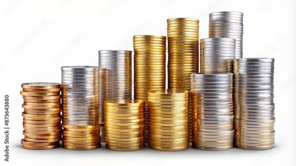 Glossy piles of gold and silver currency discs arranged neatly in ascending order on a transparent isolated background. Glossy piles of gold and silver currency discs arranged neatly in ascending order on a transparent isolated background.