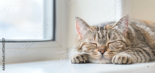 Calm cat resting on a windowsill in an empty, bright space, Companion, Empty and Light concept